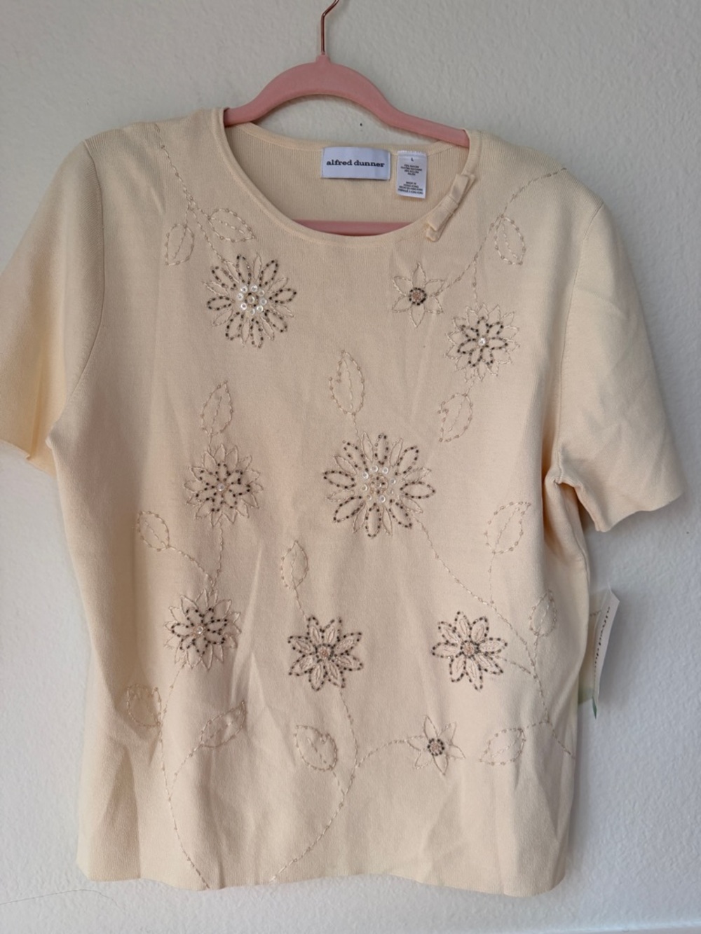 Alfred Dunner Beaded Floral‎ Knit Top Ivory NWT Size L Embellished Short Sleeve